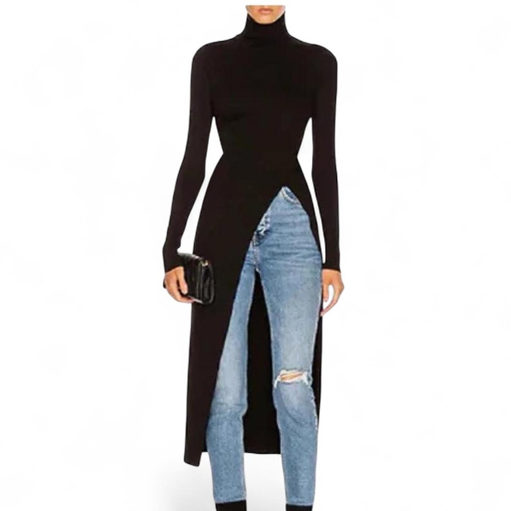UOOZEE Simple Split-Side Black High-Neck T-Shirt Sexy Chic Long Sleeve Long Top